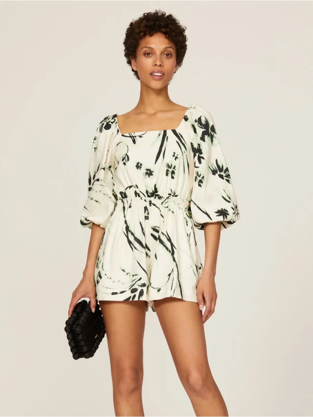 Tanya Taylor Stevie Floral Linen Puff Sleeve Romper M